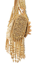 Gold handcrafted evening handbag with Cut Dana floral embroidery, pearl and bead detailing with tassels for wedding and festive wear