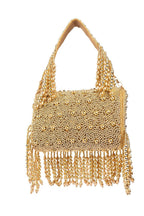 Gold handcrafted evening handbag with Cut Dana floral embroidery, pearl and bead detailing with tassels for wedding and festive wear