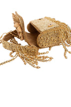 Gold handcrafted evening handbag with Cut Dana floral embroidery, pearl and bead detailing with tassels for wedding and festive wear