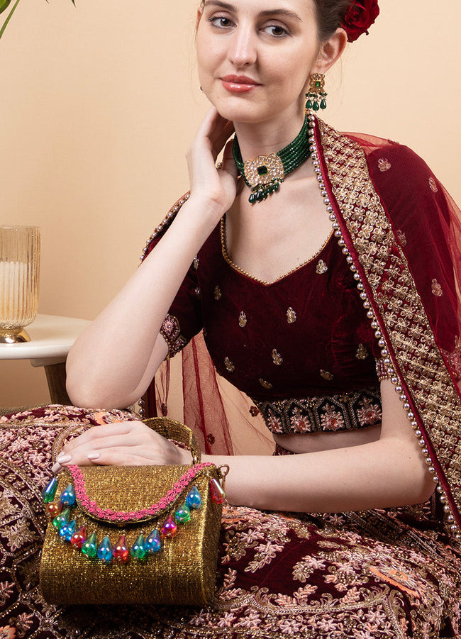 Eeth Gold Shimmery Embellished Structured Handbag Hover Image