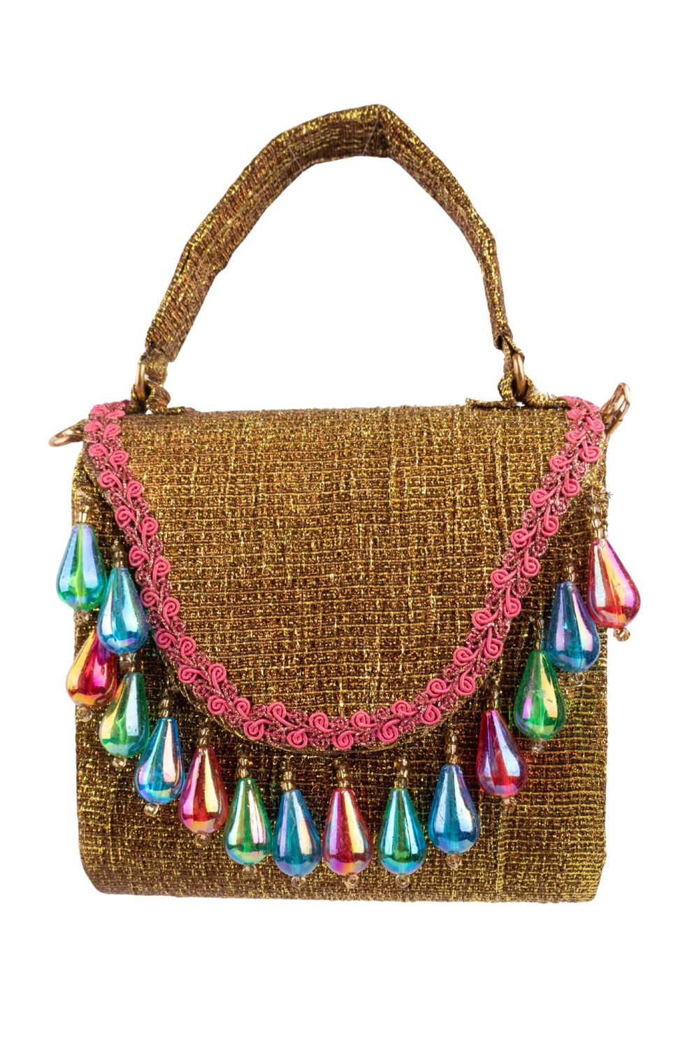 Gold structured handbag with colorful drop embellishments textured shimmery polyester festive party evening bag with top handle