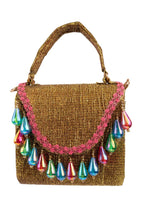 Gold structured handbag with colorful drop embellishments textured shimmery polyester festive party evening bag with top handle