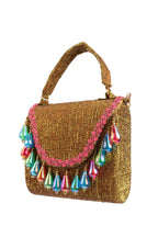 Gold structured handbag with colorful drop embellishments textured shimmery polyester festive party evening bag with top handle