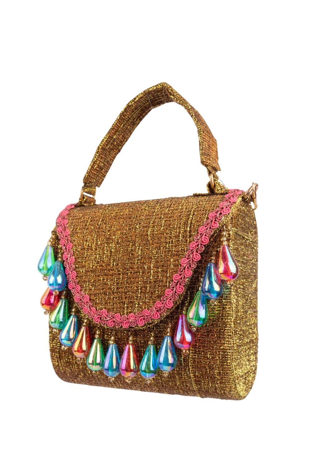 Gold structured handbag with colorful drop embellishments textured shimmery polyester festive party evening bag with top handle