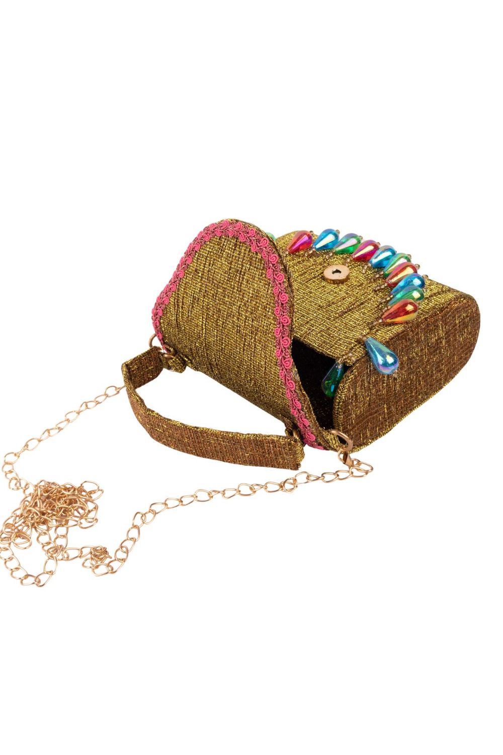 Gold structured handbag with colorful drop embellishments textured shimmery polyester festive party evening bag with top handle