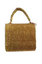 Gold structured handbag with colorful drop embellishments textured shimmery polyester festive party evening bag with top handle