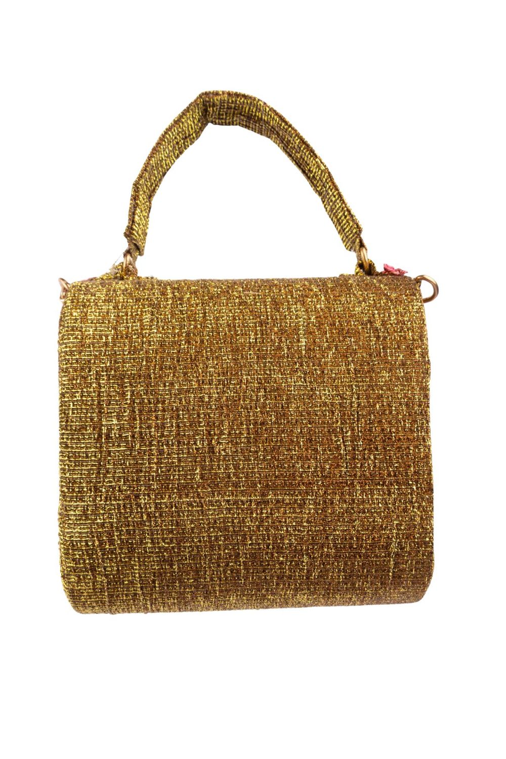 Gold structured handbag with colorful drop embellishments textured shimmery polyester festive party evening bag with top handle