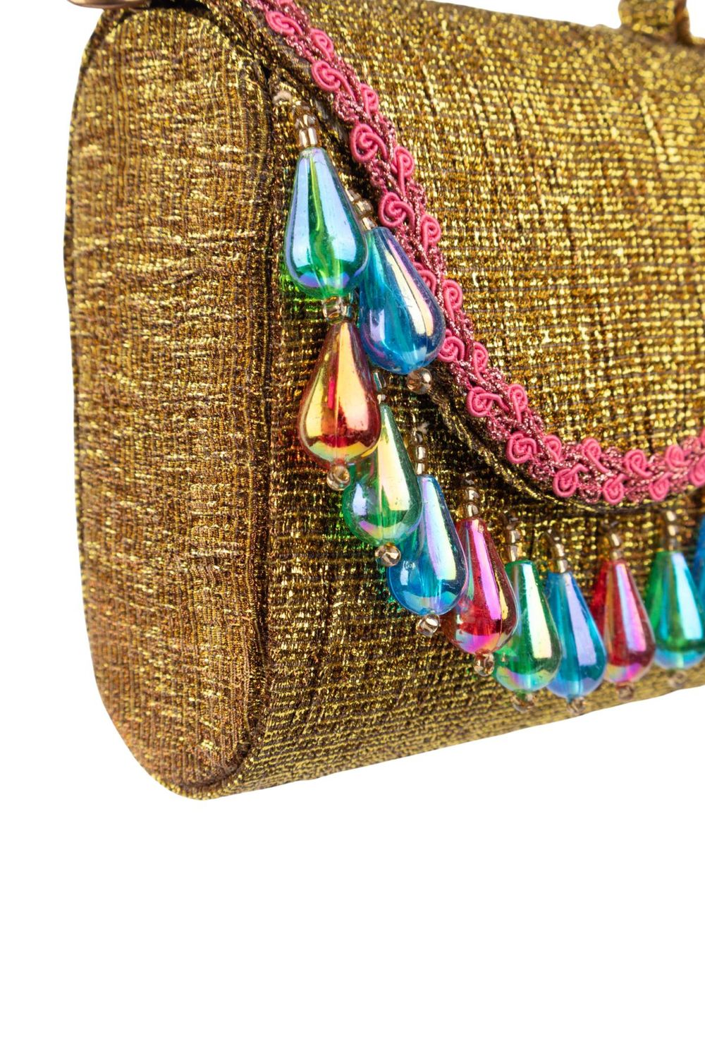 Gold structured handbag with colorful drop embellishments textured shimmery polyester festive party evening bag with top handle