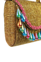Gold structured handbag with colorful drop embellishments textured shimmery polyester festive party evening bag with top handle