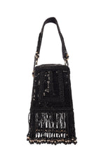 Black embellished handcrafted bag with pearl, bead and sequin work with fringe detailing for wedding and party wear