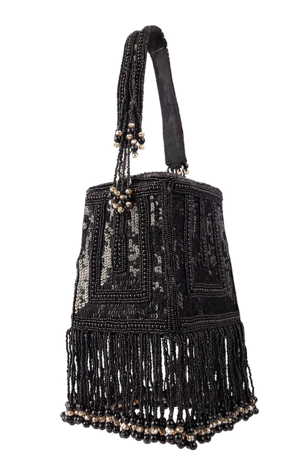 Black embellished handcrafted bag with pearl, bead and sequin work with fringe detailing for wedding and party wear