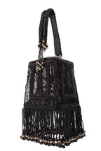 Black embellished handcrafted bag with pearl, bead and sequin work with fringe detailing for wedding and party wear