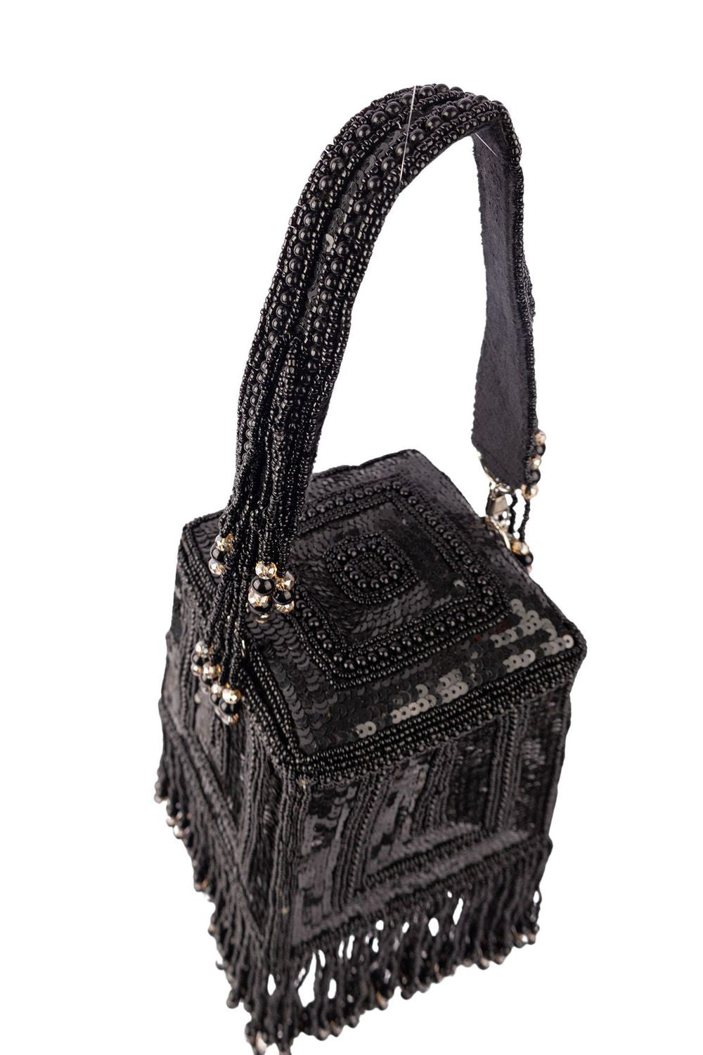 Black embellished handcrafted bag with pearl, bead and sequin work with fringe detailing for wedding and party wear