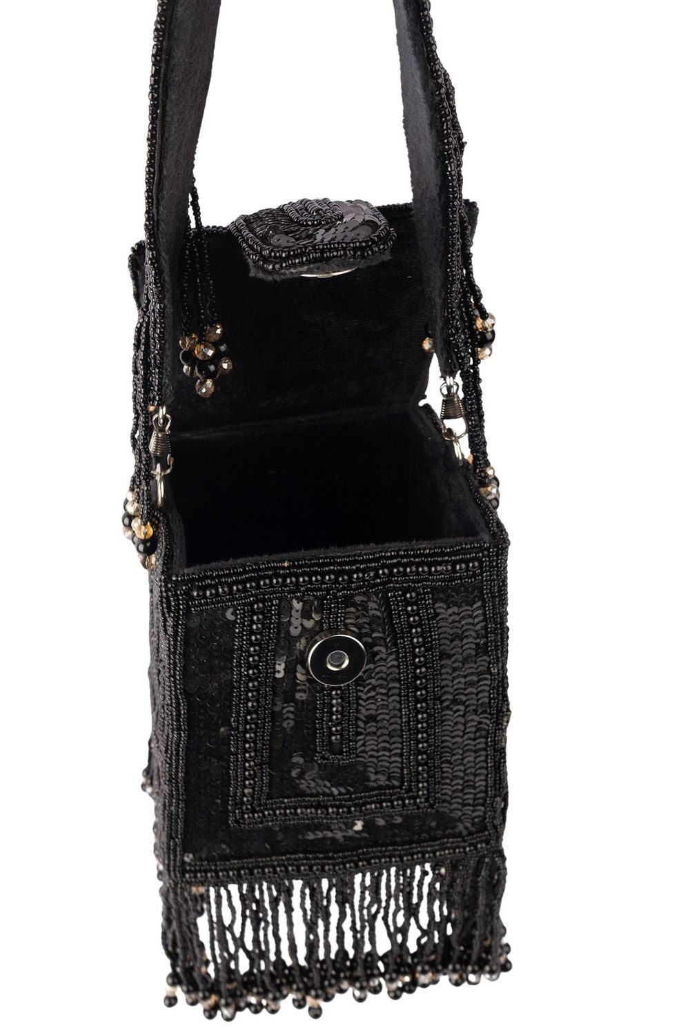 Black embellished handcrafted bag with pearl, bead and sequin work with fringe detailing for wedding and party wear