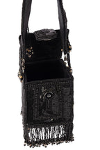 Black embellished handcrafted bag with pearl, bead and sequin work with fringe detailing for wedding and party wear