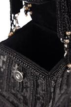 Black embellished handcrafted bag with pearl, bead and sequin work with fringe detailing for wedding and party wear