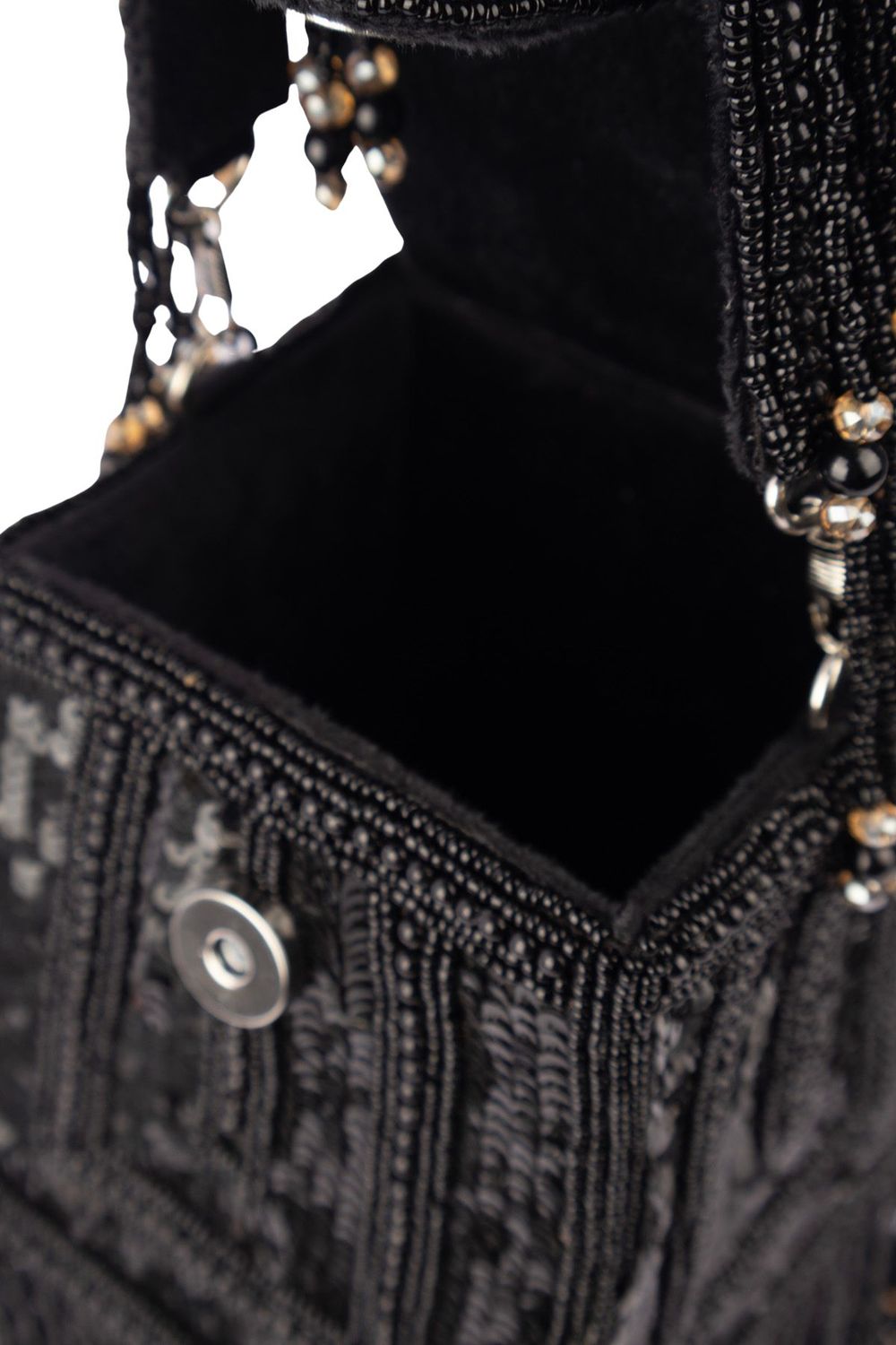 Black embellished handcrafted bag with pearl, bead and sequin work with fringe detailing for wedding and party wear