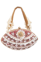 Red and ivory oval clutch with pearl, crystal and cut-dana embellishments with handle for wedding and festive wear