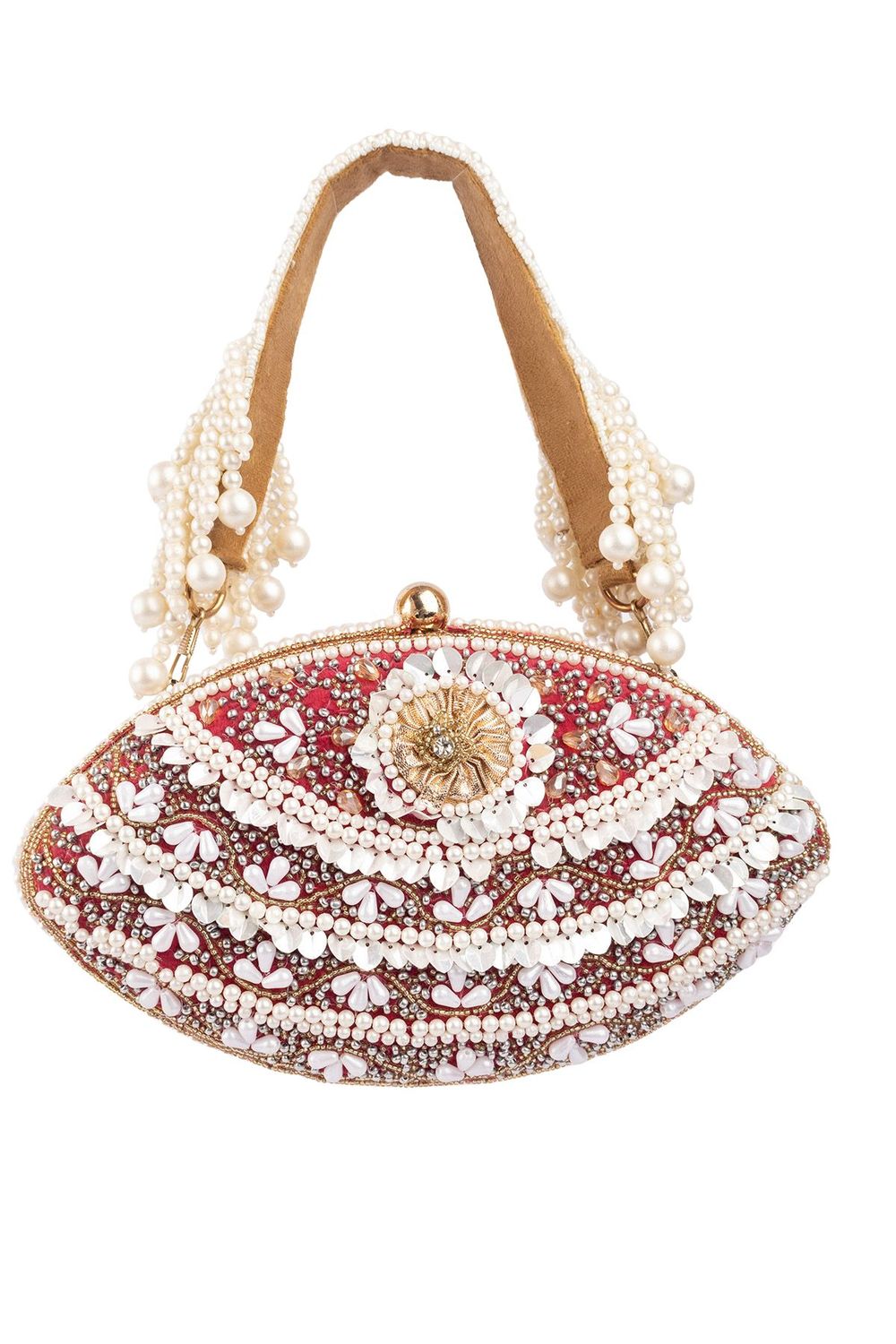 Red and ivory oval clutch with pearl, crystal and cut-dana embellishments with handle for wedding and festive wear