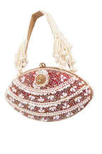 Red and ivory oval clutch with pearl, crystal and cut-dana embellishments with handle for wedding and festive wear