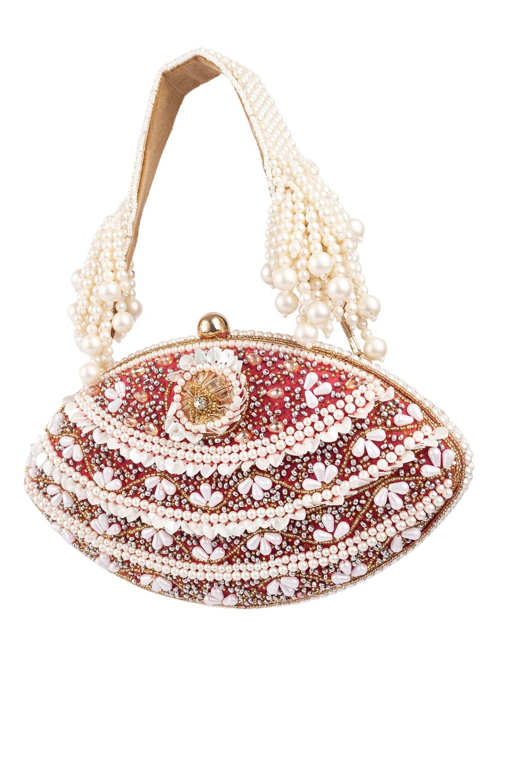 Red and ivory oval clutch with pearl, crystal and cut-dana embellishments with handle for wedding and festive wear