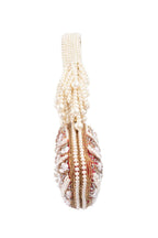 Red and ivory oval clutch with pearl, crystal and cut-dana embellishments with handle for wedding and festive wear