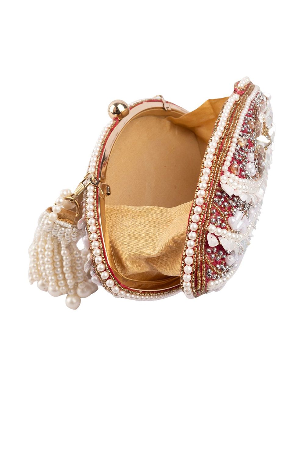 Red and ivory oval clutch with pearl, crystal and cut-dana embellishments with handle for wedding and festive wear