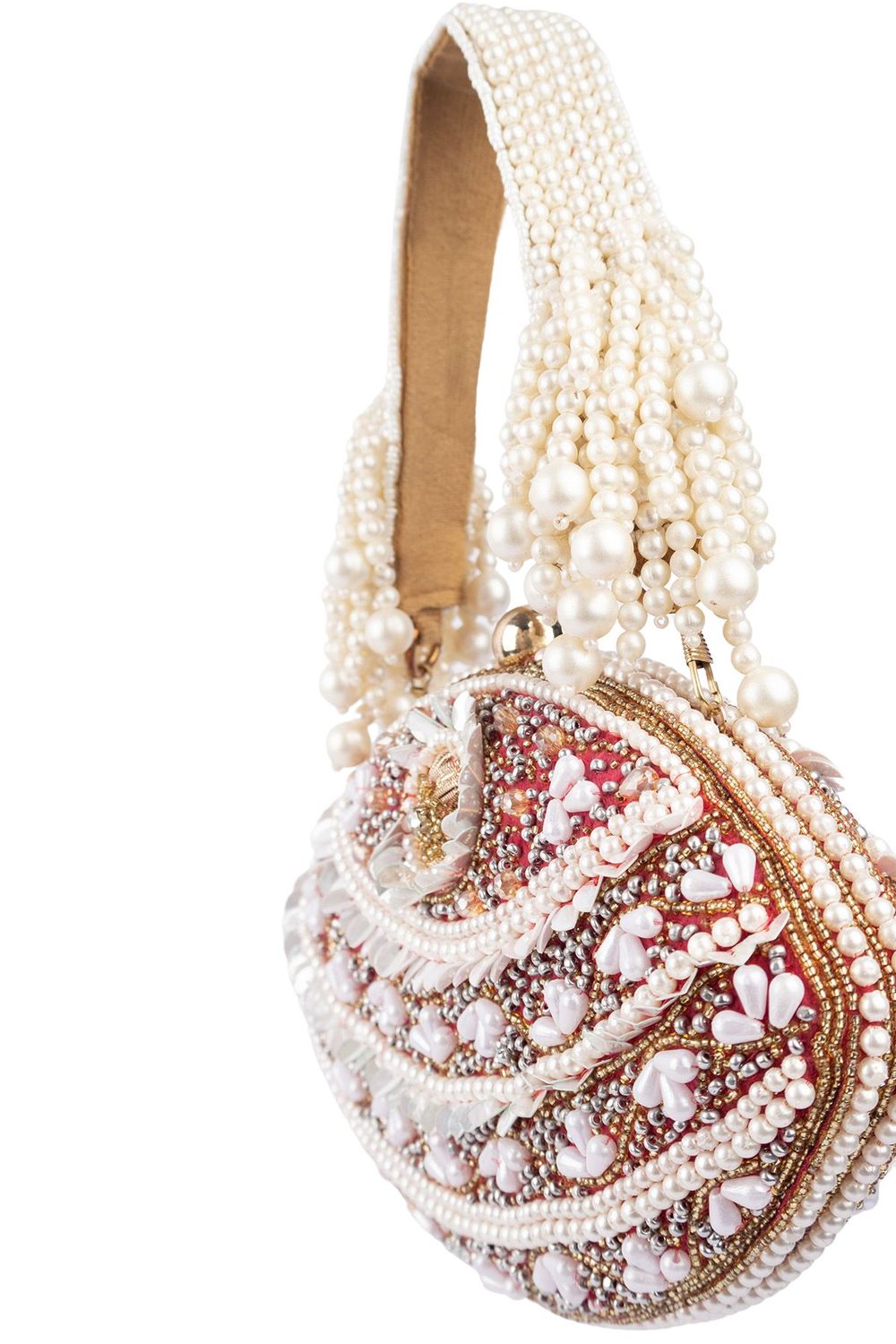 Red and ivory oval clutch with pearl, crystal and cut-dana embellishments with handle for wedding and festive wear