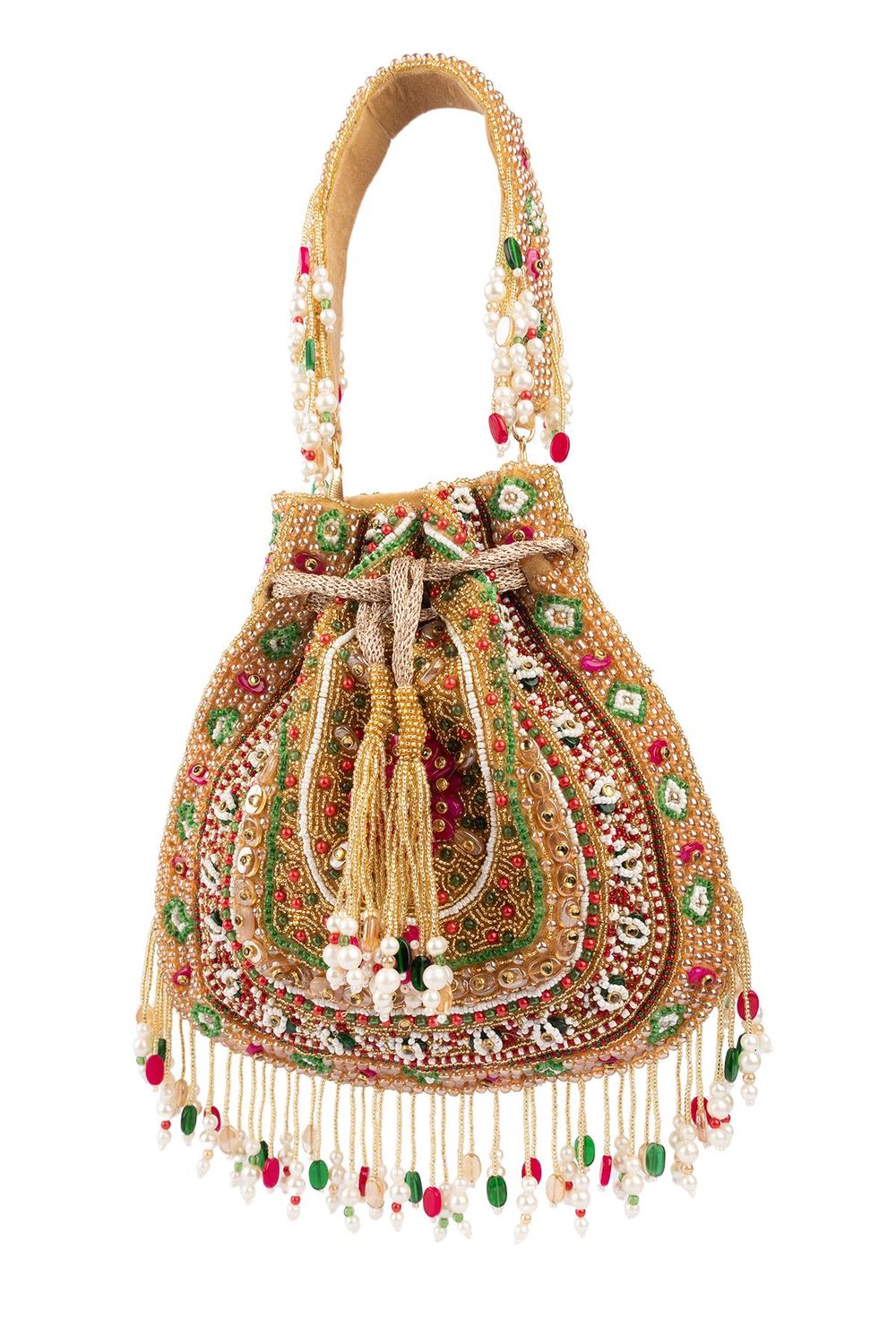 Gold green handcrafted potli bag with beads, stone and pearl work for wedding and festive wear