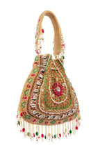 Gold green handcrafted potli bag with beads, stone and pearl work for wedding and festive wear