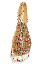 Gold green handcrafted potli bag with beads, stone and pearl work for wedding and festive wear
