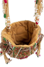 Gold green handcrafted potli bag with beads, stone and pearl work for wedding and festive wear