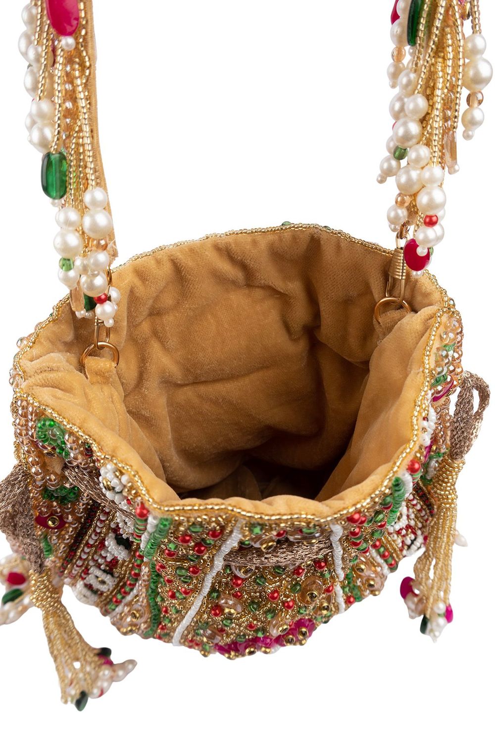 Gold green handcrafted potli bag with beads, stone and pearl work for wedding and festive wear