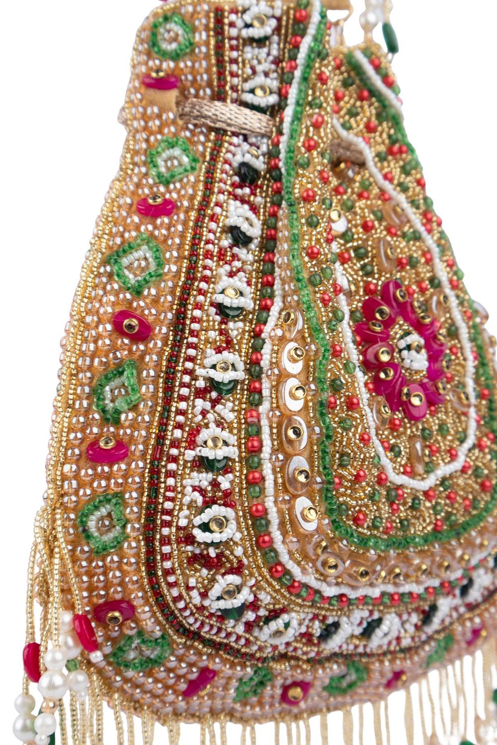 Gold green handcrafted potli bag with beads, stone and pearl work for wedding and festive wear