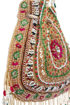 Gold green handcrafted potli bag with beads, stone and pearl work for wedding and festive wear