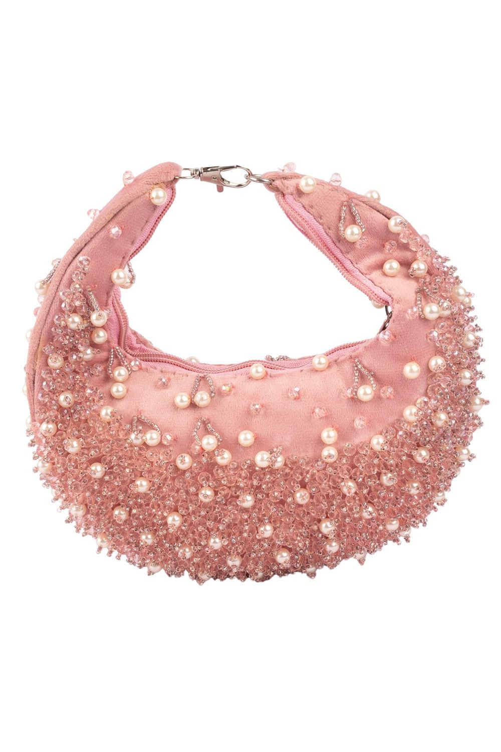 Blush pink pearl and bead embellished ethnic handle bag with suede lining for wedding and festive wear