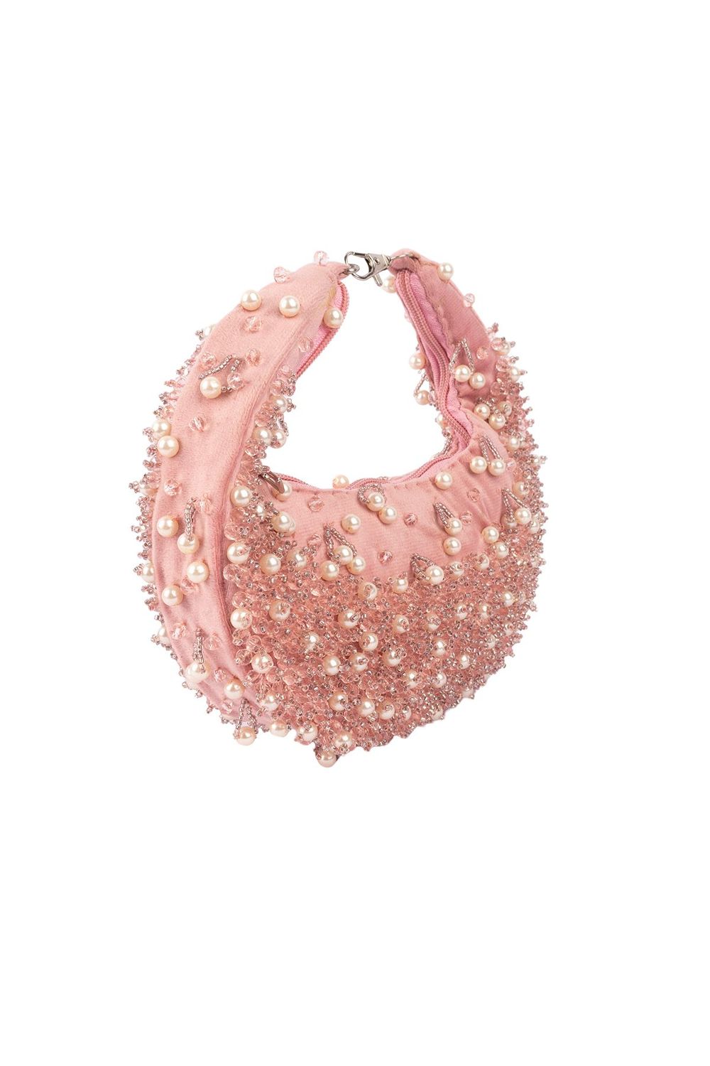 Blush pink pearl and bead embellished ethnic handle bag with suede lining for wedding and festive wear