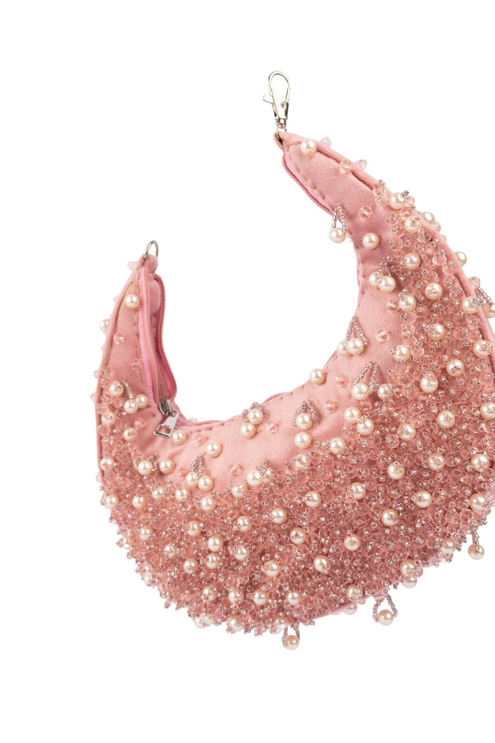 Blush pink pearl and bead embellished ethnic handle bag with suede lining for wedding and festive wear