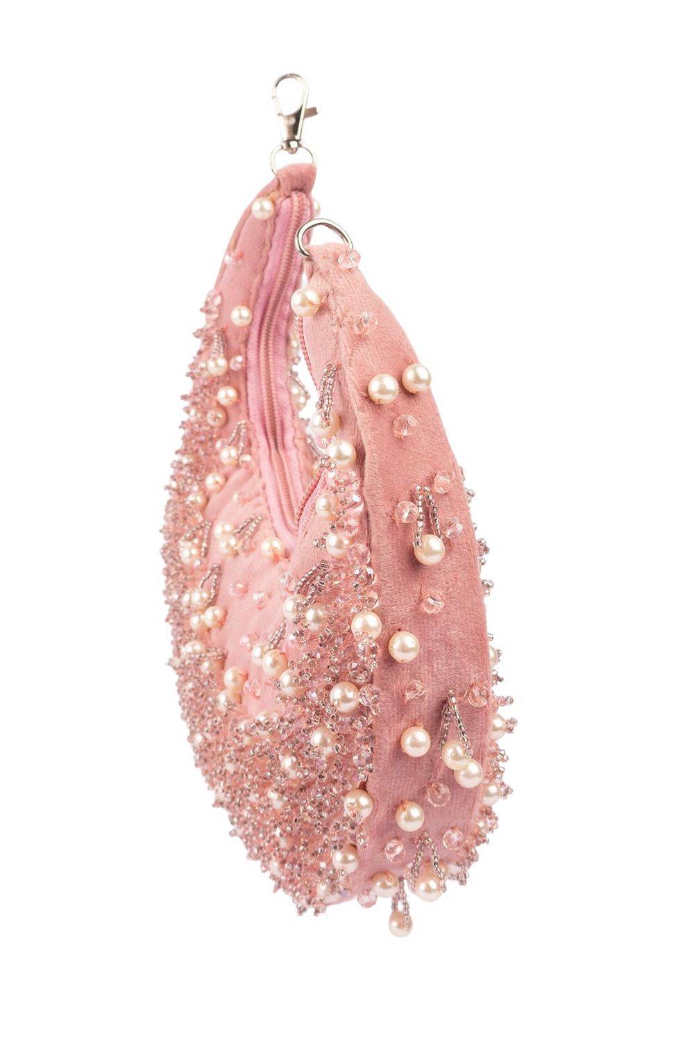 Blush pink pearl and bead embellished ethnic handle bag with suede lining for wedding and festive wear