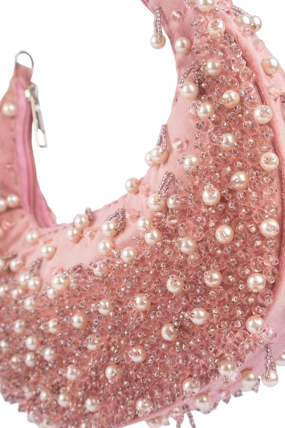 Blush pink pearl and bead embellished ethnic handle bag with suede lining for wedding and festive wear