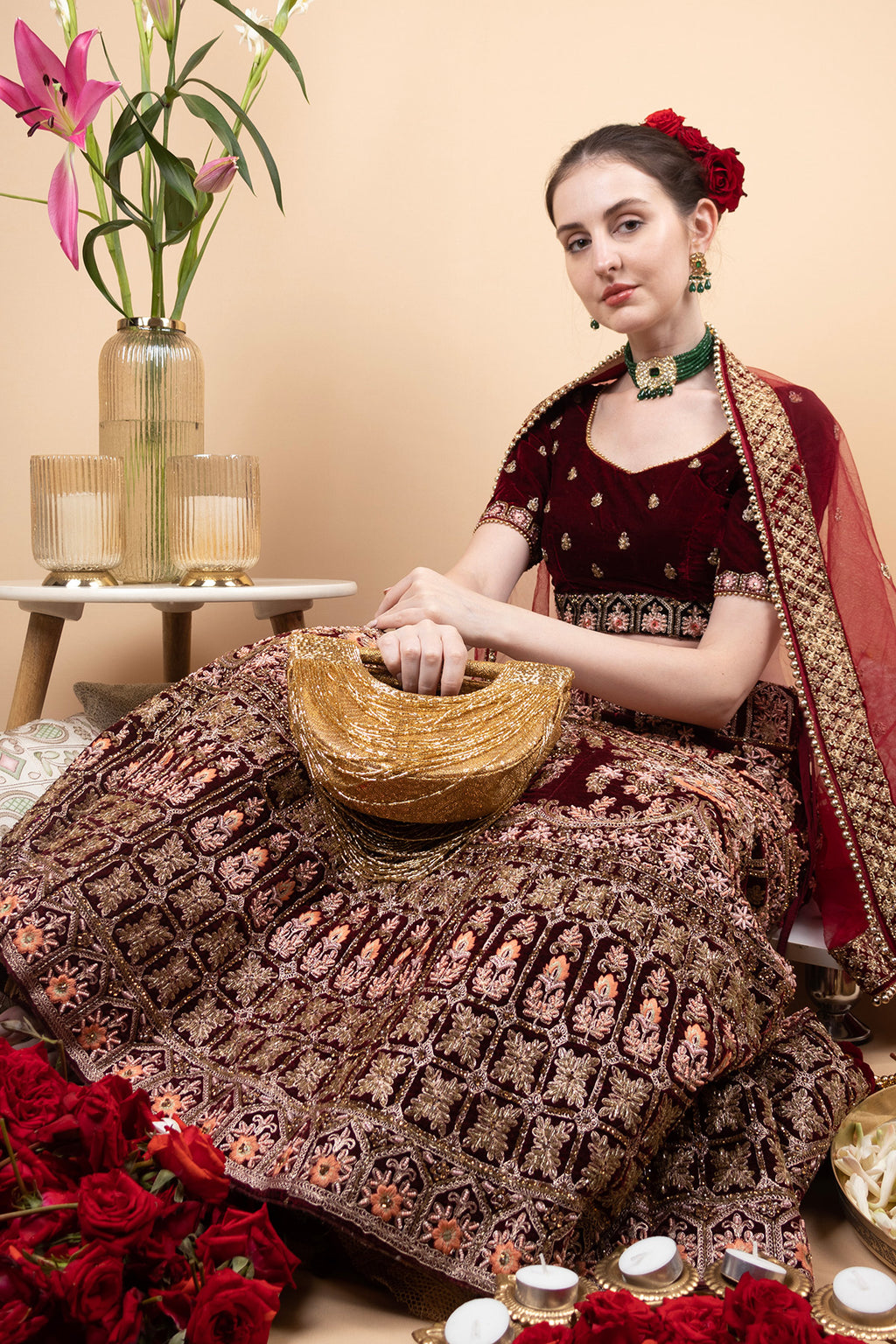 Gold cut dana embellished clutch on sequenced fabric with chain strap for wedding and party wear