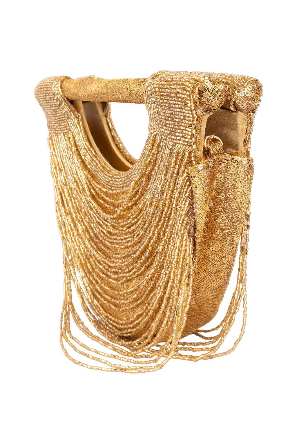 Gold cut dana embellished clutch on sequenced fabric with chain strap for wedding and party wear