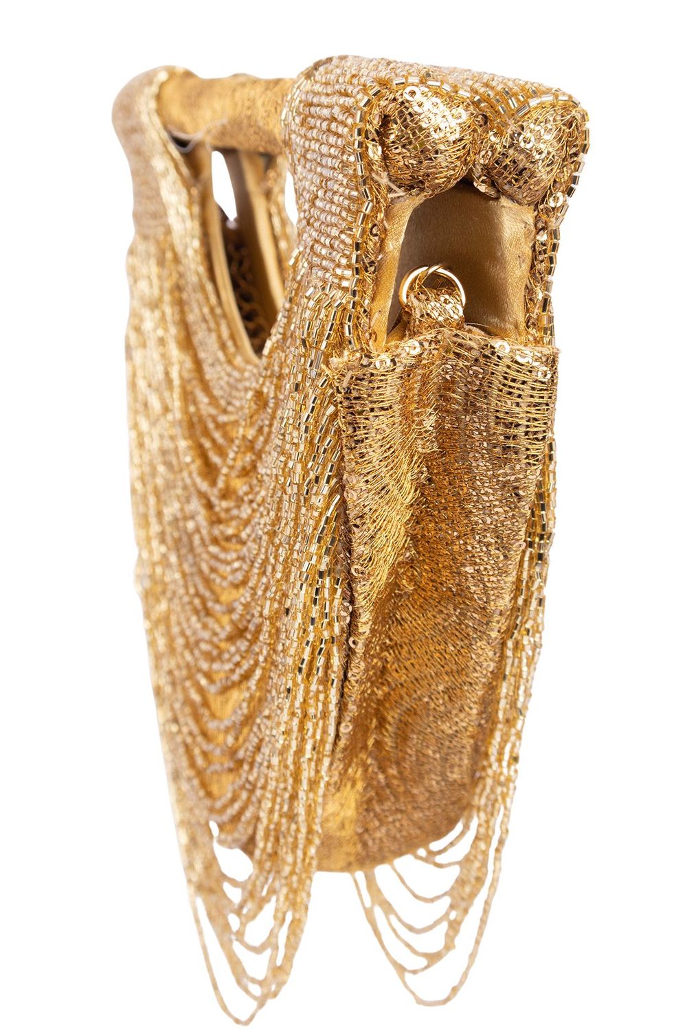 Gold cut dana embellished clutch on sequenced fabric with chain strap for wedding and party wear