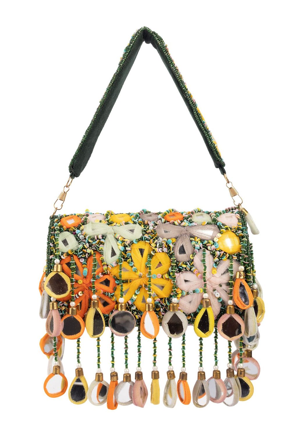 Handcrafted beaded clutch with mirror embellishments and sequin work on suede fabric for festive wear