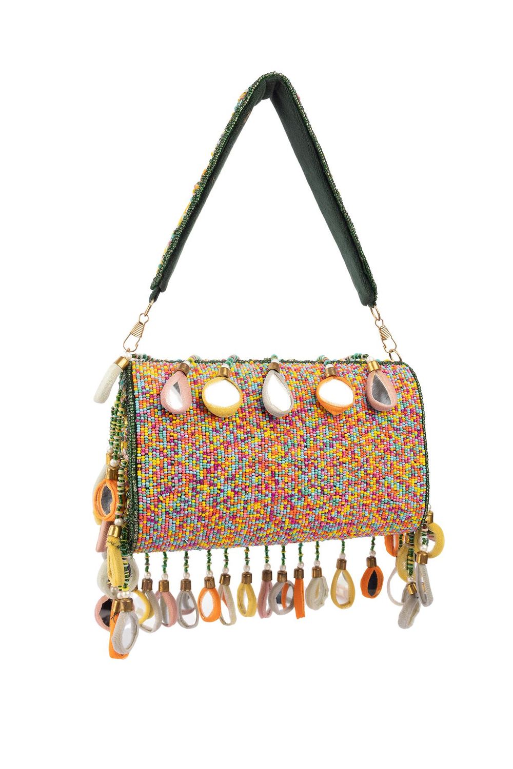 Handcrafted beaded clutch with mirror embellishments and sequin work on suede fabric for festive wear