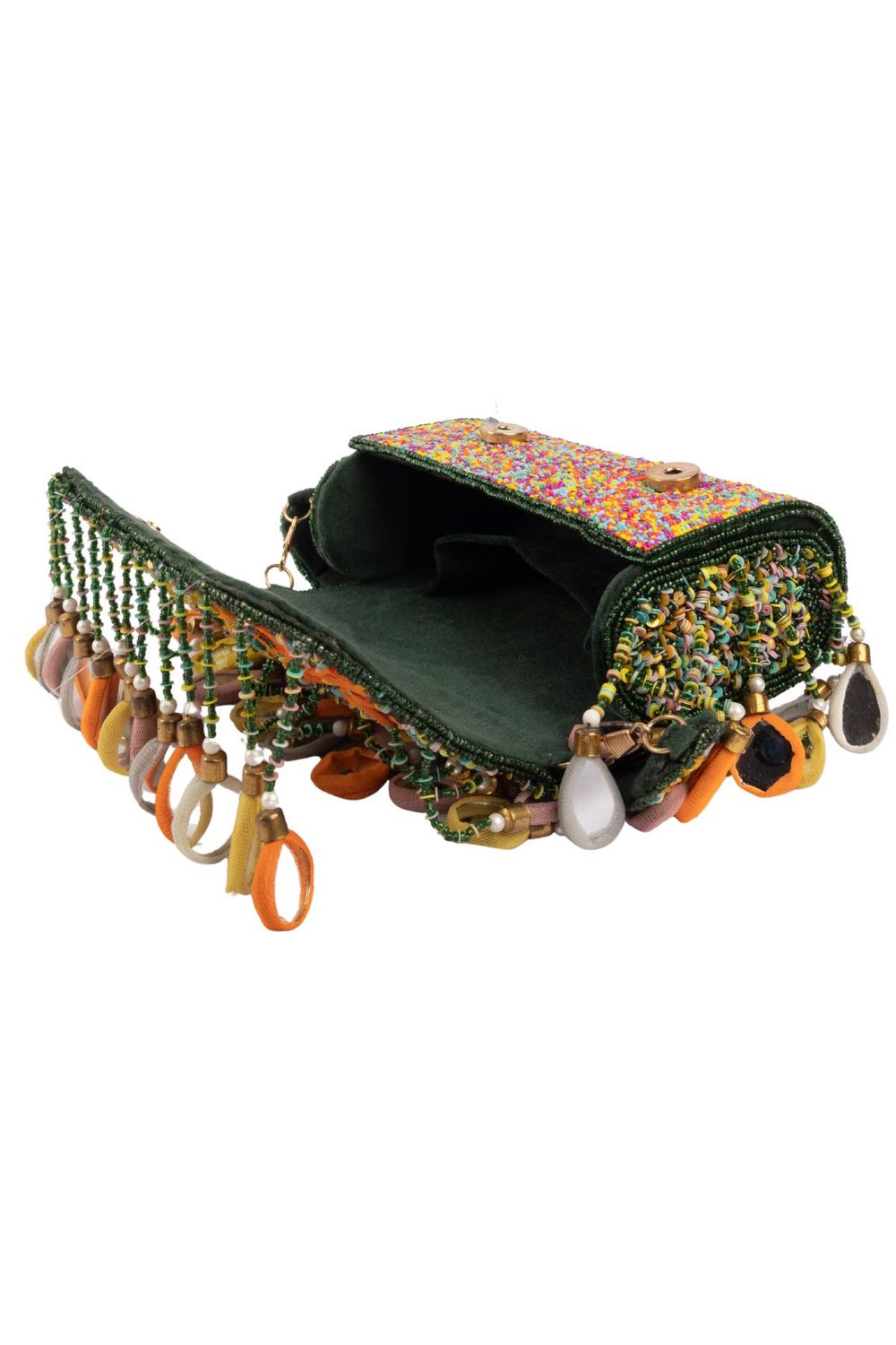 Handcrafted beaded clutch with mirror embellishments and sequin work on suede fabric for festive wear