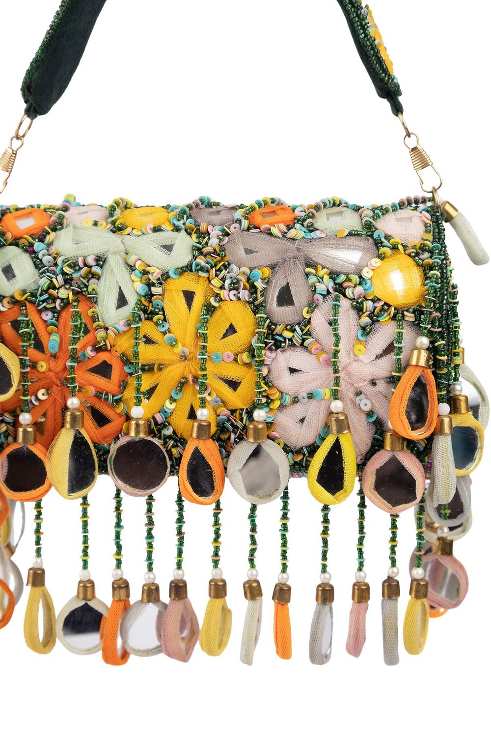 Handcrafted beaded clutch with mirror embellishments and sequin work on suede fabric for festive wear