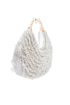 Red and ivory oval clutch with pearl, crystal and cut-dana embellishments with handle for wedding and festive wear