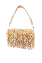 Gold handcrafted clutch with cutdana and crystal embellishments, velvet lining and handle for wedding and party wear