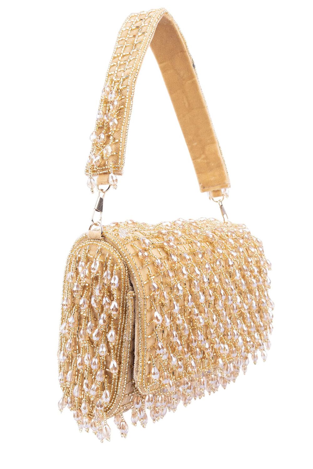 Gold handcrafted clutch with cutdana and crystal embellishments, velvet lining and handle for wedding and party wear